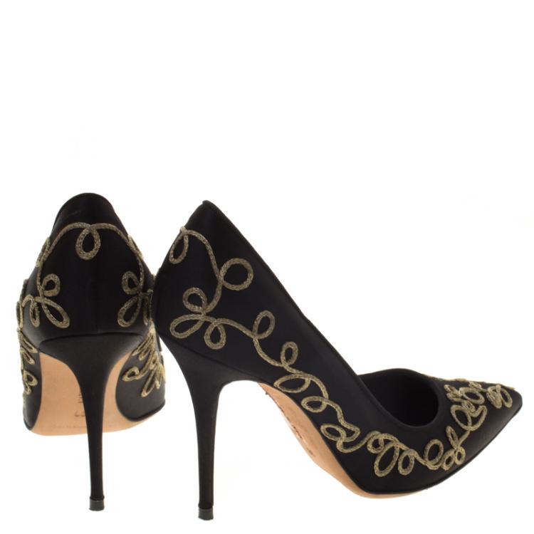 Pre Owned Manolo Blahnik Black Embroidered Satin Pointed Toe Pumps Size 36