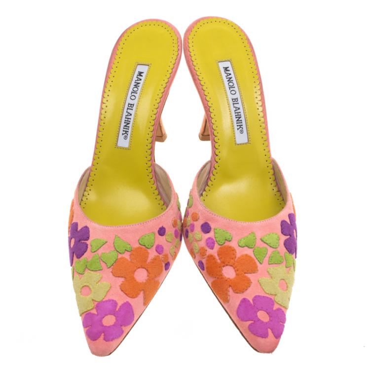 Pre Owned Manolo Blahnik Pink Suede Floral Patchwork Pointed Toe Mules Size 37.5