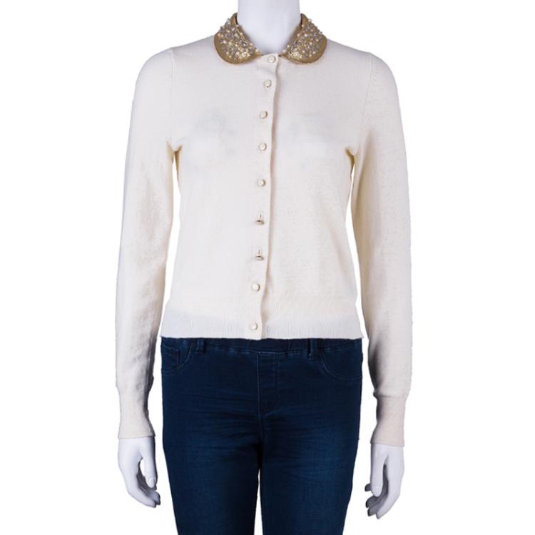 Pre Owned Marc by Marc Jacobs Cream Embellished Collar Cardigan XS