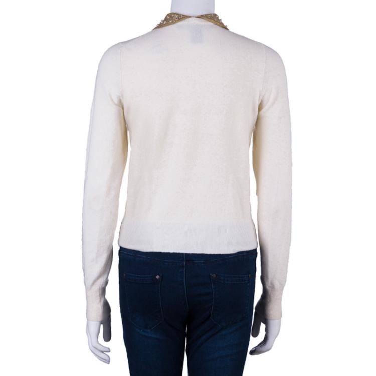 Pre Owned Marc by Marc Jacobs Cream Embellished Collar Cardigan XS