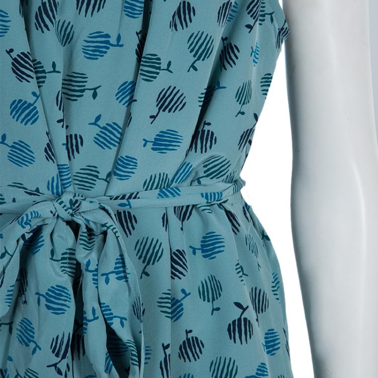Pre Owned Marc By Marc Jacobs Blue Silk Printed Sleeveless Belted Dress L