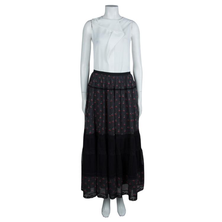 Pre Owned Marc by Marc Jacobs Black Cherry Printed Cotton Lace Insert Tiered Maxi Skirt M