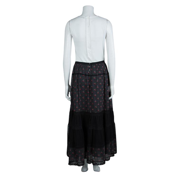 Pre Owned Marc by Marc Jacobs Black Cherry Printed Cotton Lace Insert Tiered Maxi Skirt M