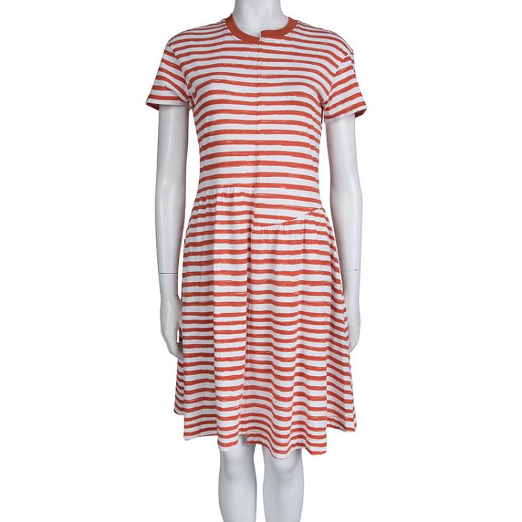 Pre Owned Marc by Marc Jacobs Brick Orange Striped Cotton Jersey Dress XS