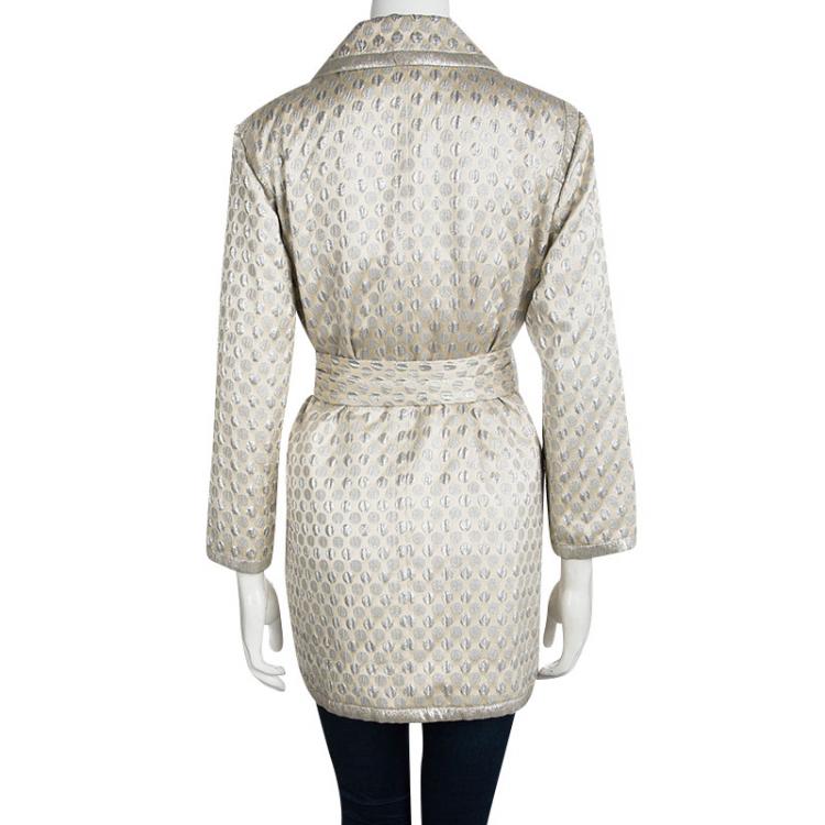 Pre Owned Marc by Marc Jacobs  Cream Polka Dotted Lurex Jacquard Belted Overcoat M