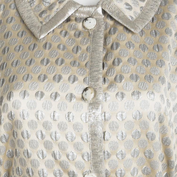 Pre Owned Marc by Marc Jacobs  Cream Polka Dotted Lurex Jacquard Belted Overcoat M