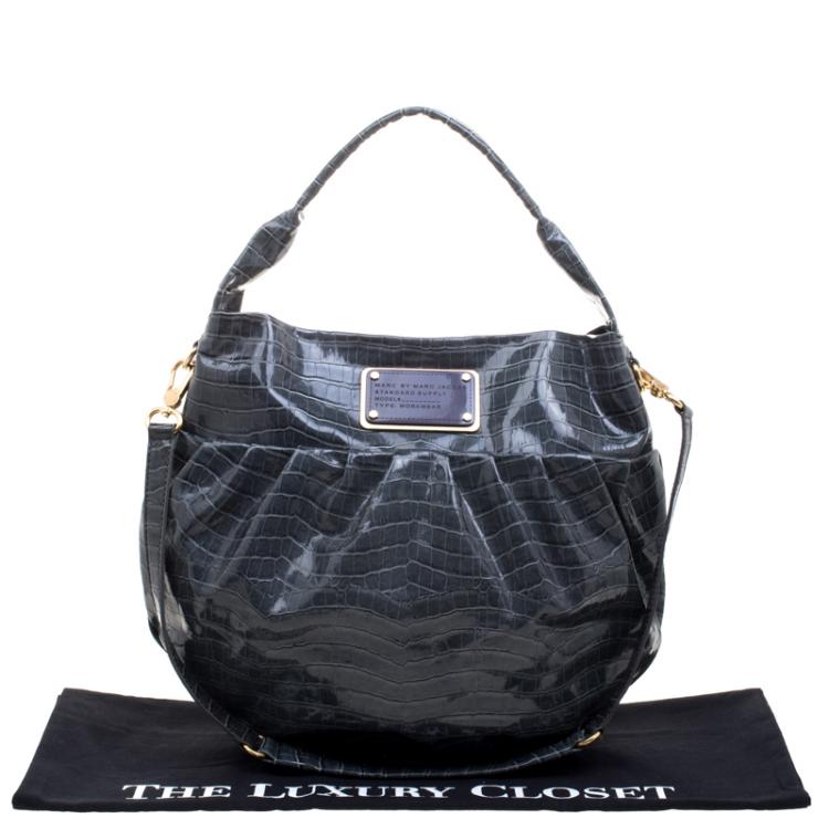 Pre Owned Marc By Marc Jacobs Emerald Green Croc Embossed Patent Leather Hobo