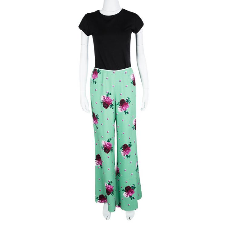 Pre Owned Marc Jacobs Green Floral Printed Crepe High Waist Wide Leg Pants M