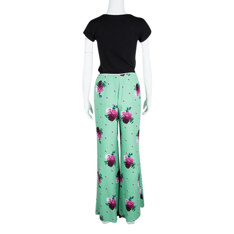 Pre Owned Marc Jacobs Green Floral Printed Crepe High Waist Wide Leg Pants M