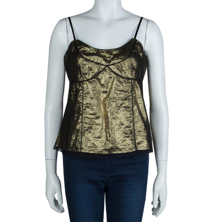 Pre Owned Marc Jacobs Metallic Gold Mesh Overlay Sleeveless Top M