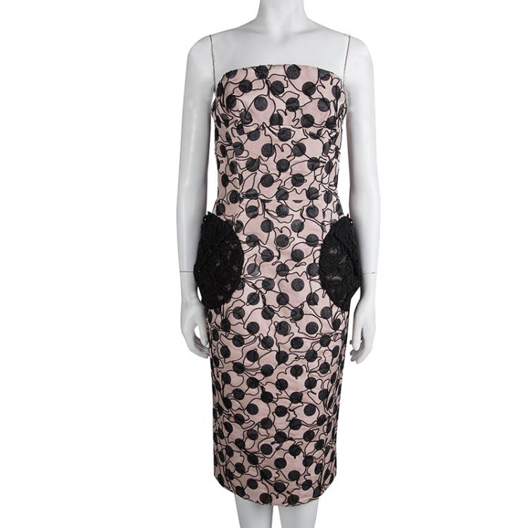 Pre Owned Marc Jacobs Pink Polka Dot Lace Pocket Detail Strapless Dress S