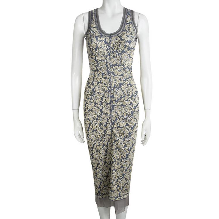 Pre Owned Marc Jacobs Grey Embossed Floral Lurex  Jacquard Knit Sleeveless Dress S