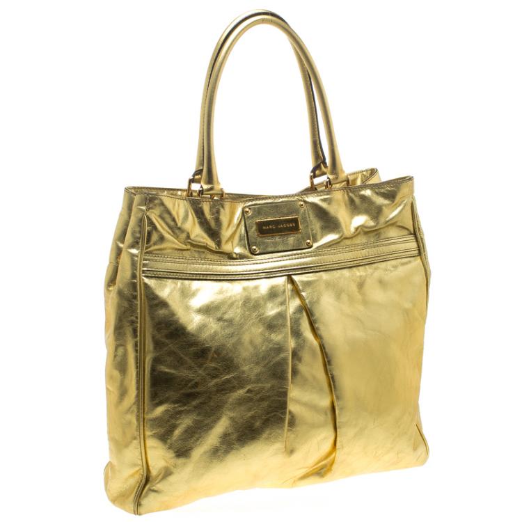 Pre Owned Marc Jacobs Gold Pleated Leather  Shopping Tote