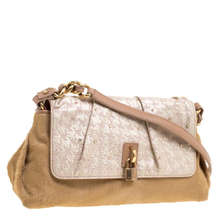 Pre Owned Marc Jacobs Light Brown Calfhair Crystal Embellished Shoulder Bag 