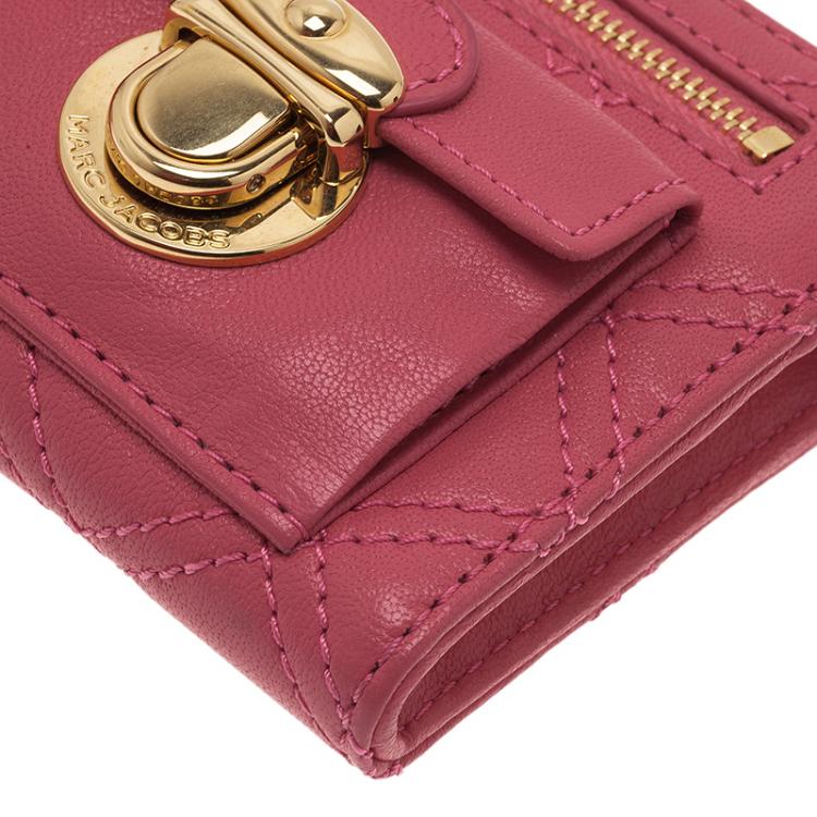Pre Owned Marc Jacobs Pink Quilted Leather Double Pocket Zip Wallet