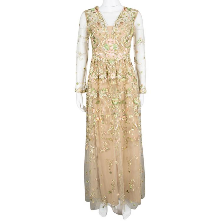 Pre Owned Marchesa Notte Beige Floral Embroidered Long Sleeve Tulle Gown S
