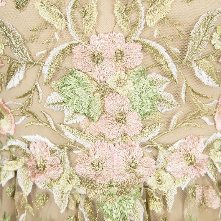 Pre Owned Marchesa Notte Beige Floral Embroidered Long Sleeve Tulle Gown S