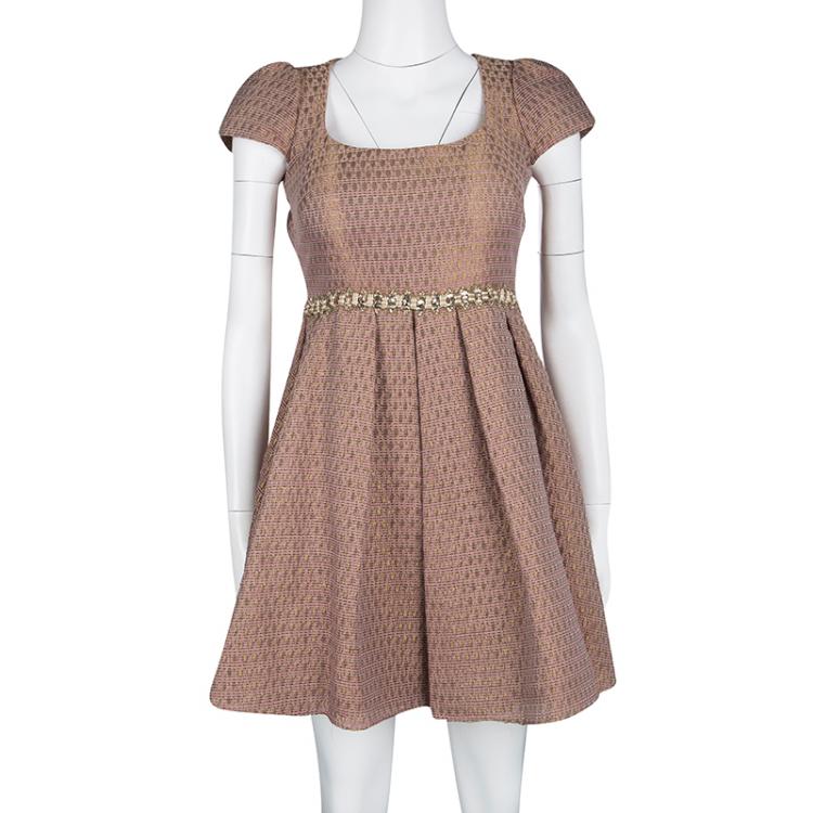 Pre Owned Marchesa Notte Metallic Pink Brocade Embellished Cocktail Dress XS