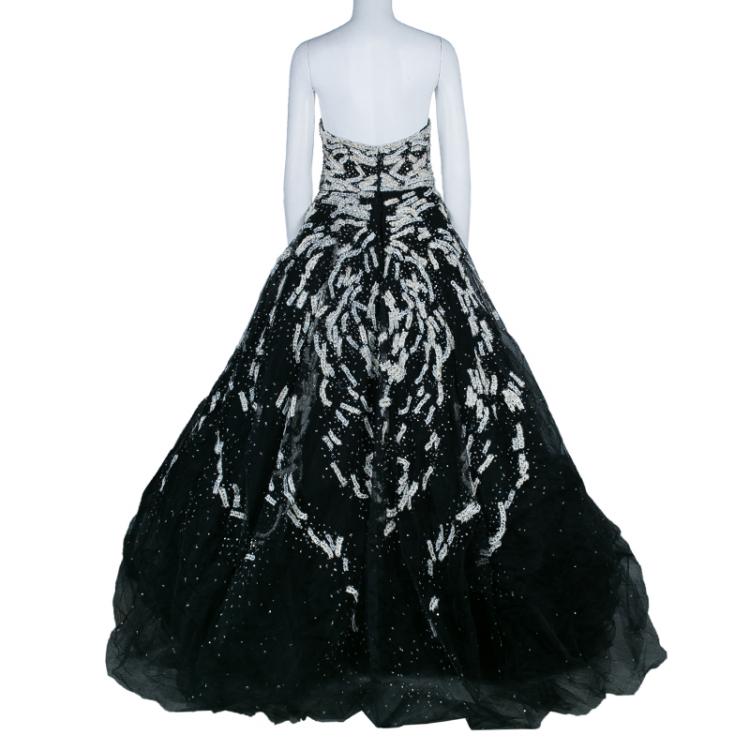Pre Owned Marchesa Black Strapless Embellished Tulle Gown M