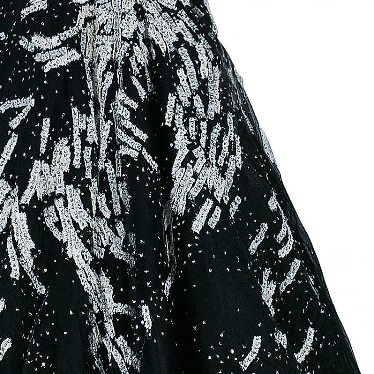 Pre Owned Marchesa Black Strapless Embellished Tulle Gown M