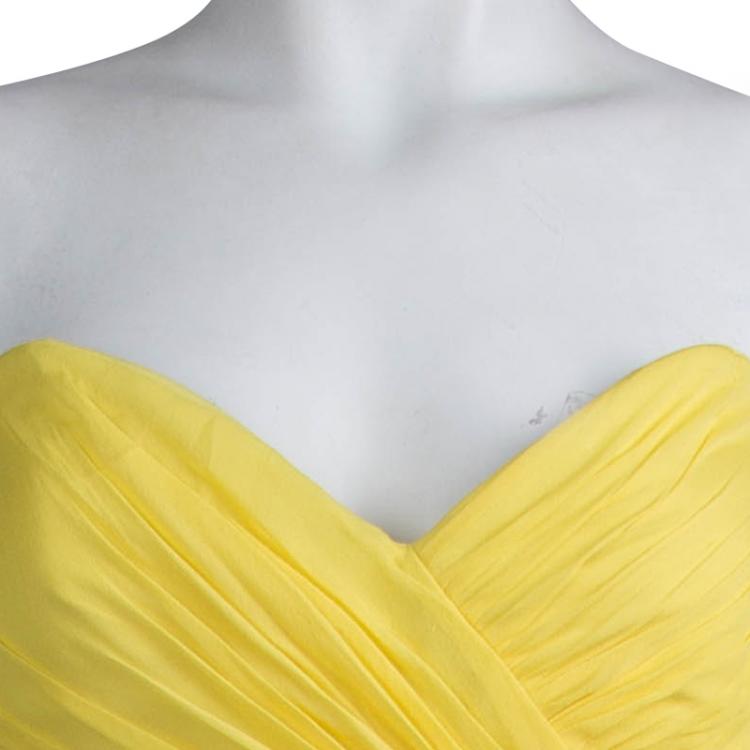 Pre Owned Marchesa Notte Yellow Silk Chiffon Strapless Ruched Gown S