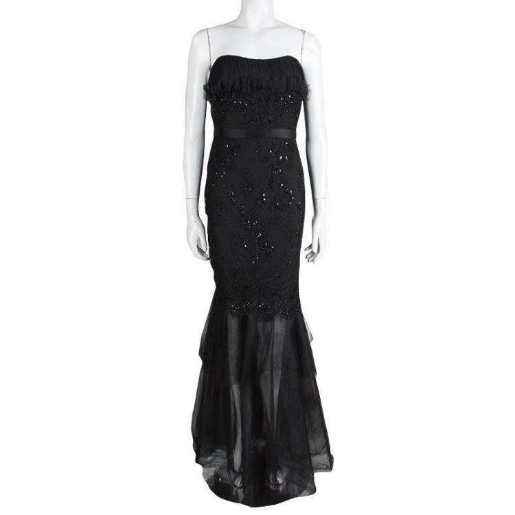 Pre Owned Notte by Marchesa Black Embellished Tulle Detail Strapless Gown L