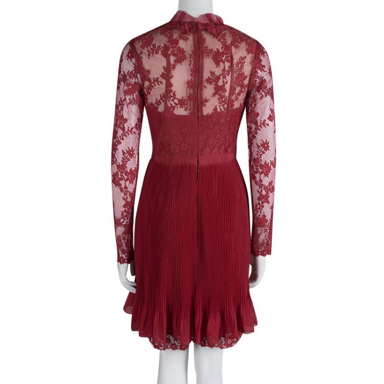 Pre Owned Marchesa Notte Red Lace Plisse Skirt Detail Dress M