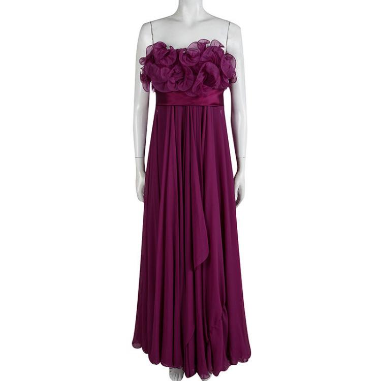 Pre Owned Marchesa Burgundy Silk Ruffle Detail Draped Strapless Gown M