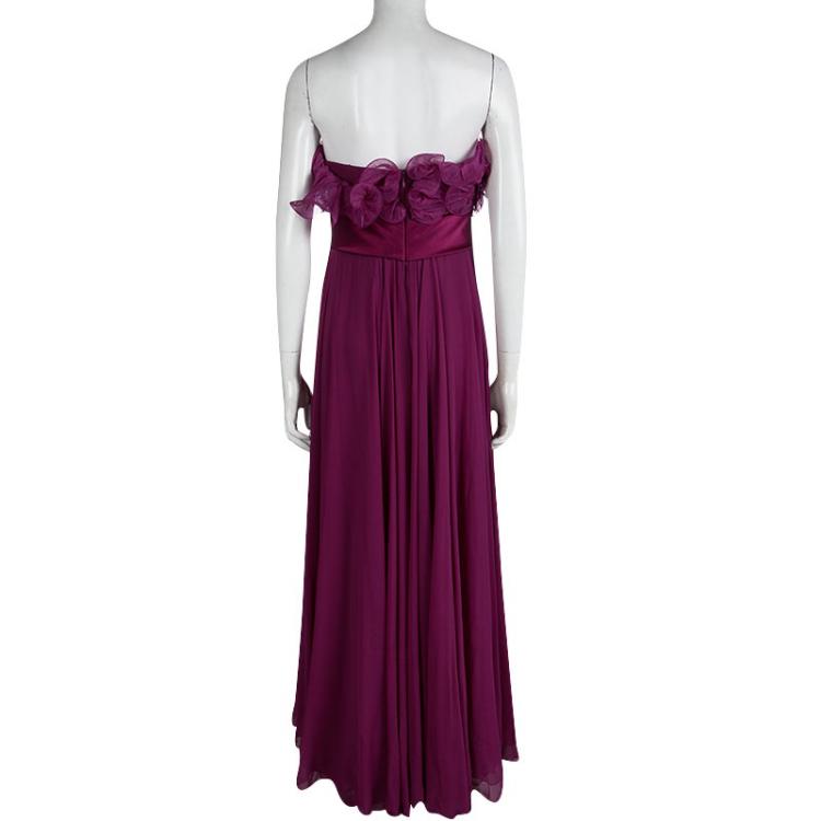 Pre Owned Marchesa Burgundy Silk Ruffle Detail Draped Strapless Gown M