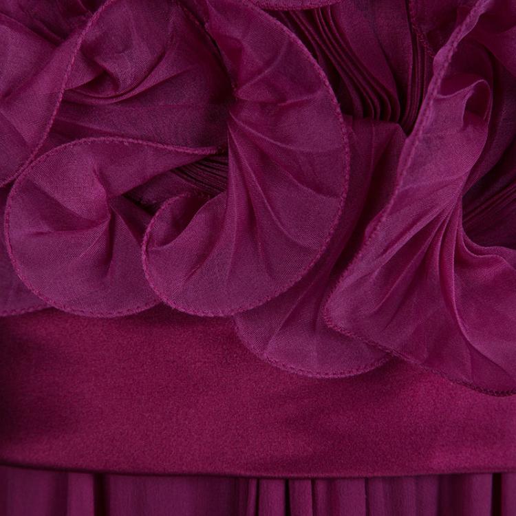 Pre Owned Marchesa Burgundy Silk Ruffle Detail Draped Strapless Gown M
