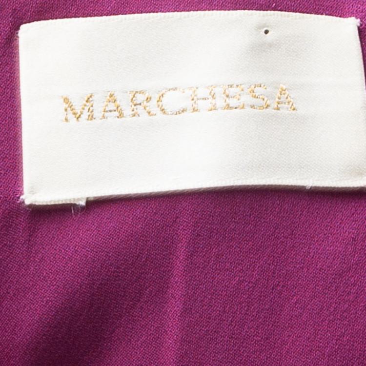 Pre Owned Marchesa Burgundy Silk Ruffle Detail Draped Strapless Gown M