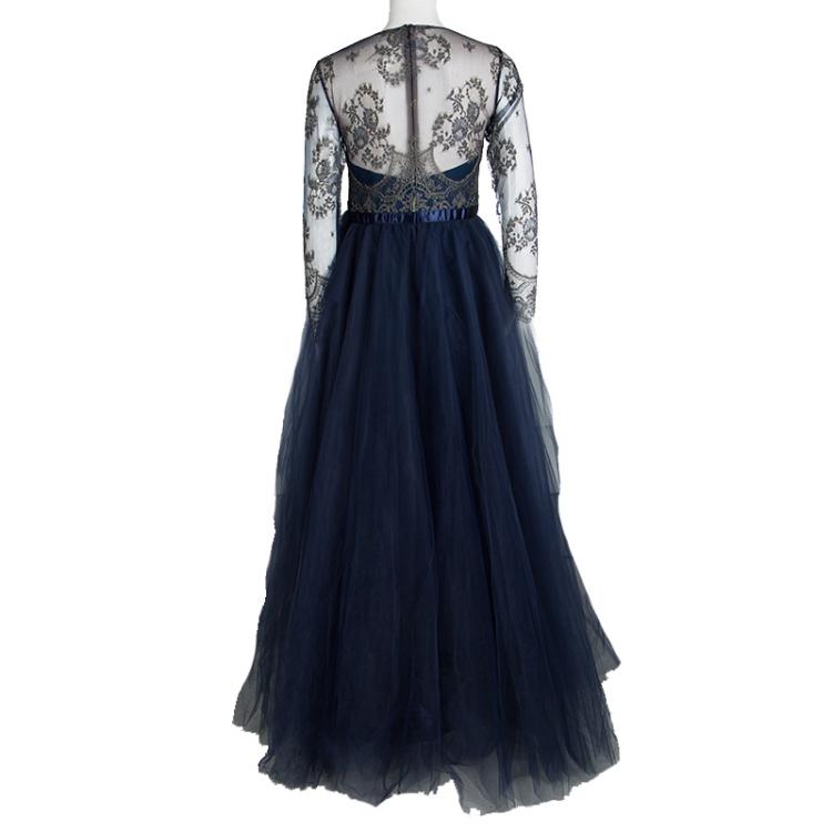 Pre Owned Marchesa Notte Navy Blue Floral Lace Long Sleeve Tulle Gown M