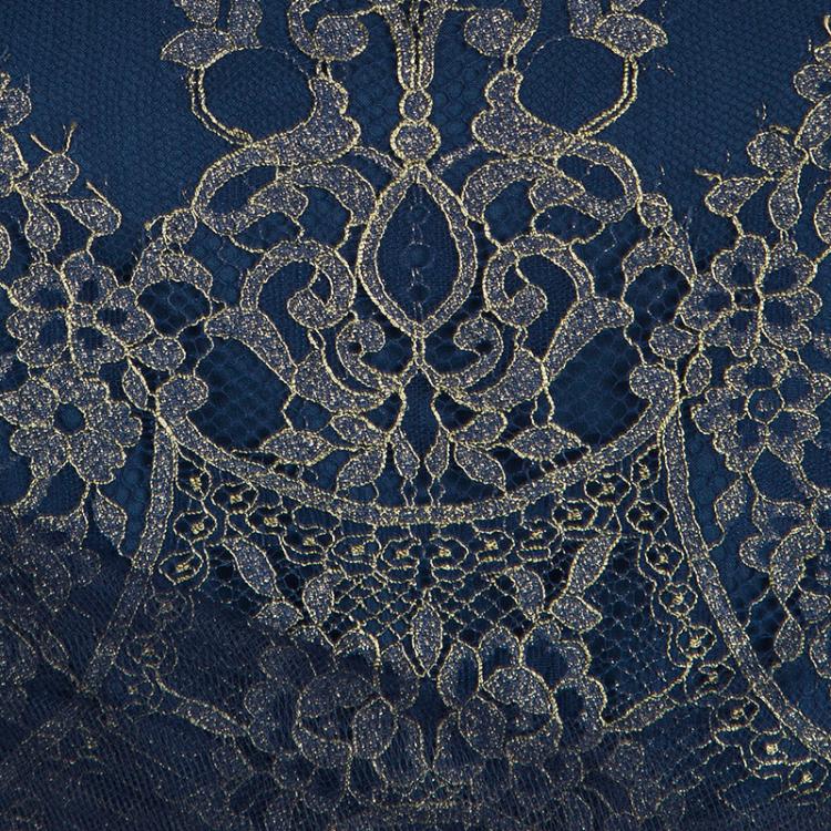 Pre Owned Marchesa Notte Navy Blue Floral Lace Long Sleeve Tulle Gown M