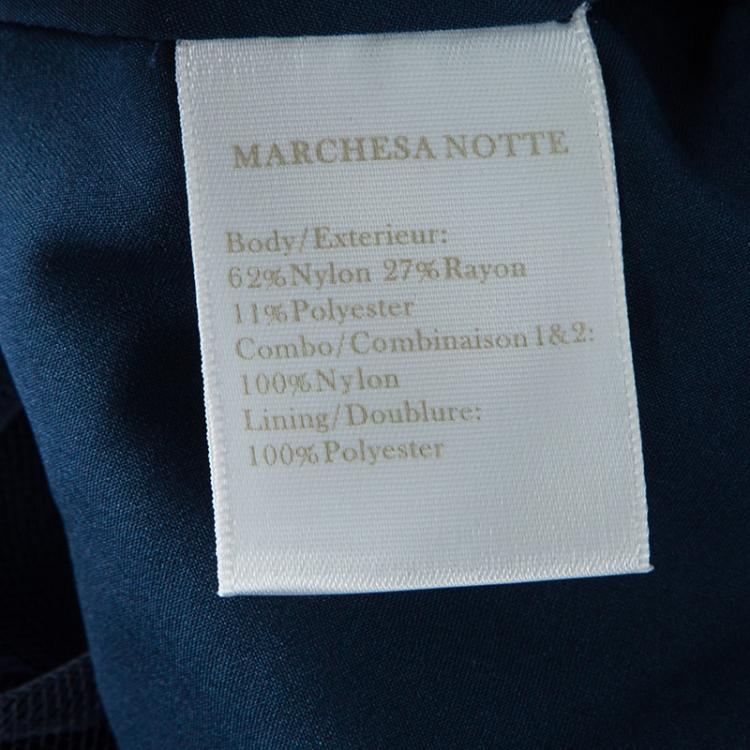 Pre Owned Marchesa Notte Navy Blue Floral Lace Long Sleeve Tulle Gown M