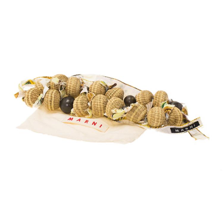 Pre Owned Marni Beige Wood Beads Fabric Tie Ribbon Necklace One Size