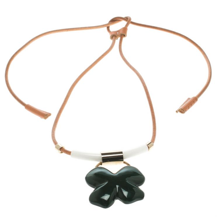 Pre Owned Marni Green Resin Flower Gold Tone Necklace