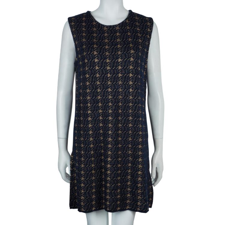 Marni Navy Blue Houndstooth Lurex Wool Sleeveless Dress M