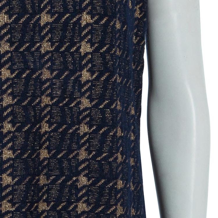 Pre Owned Marni Navy Blue Houndstooth Lurex Wool Sleeveless Dress M