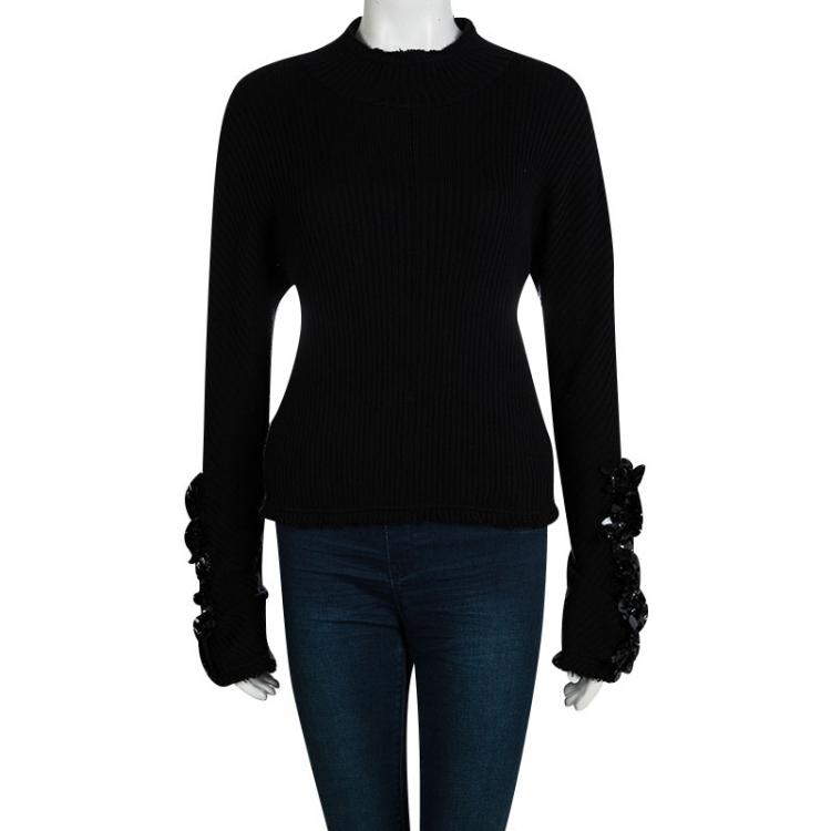 Pre Owned Marni Black Rib Knit Embellished Sleeve Detail Open Back Sweater M