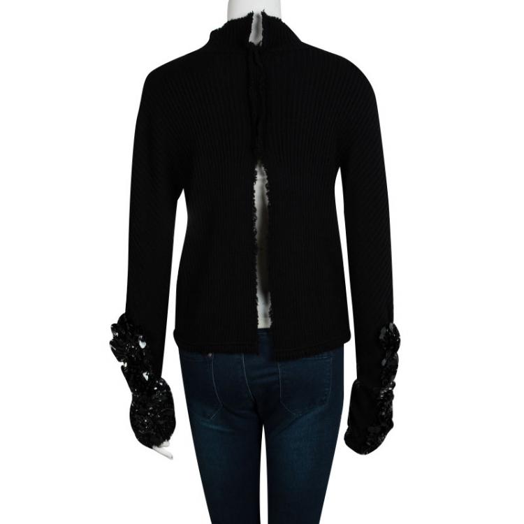 Pre Owned Marni Black Rib Knit Embellished Sleeve Detail Open Back Sweater M