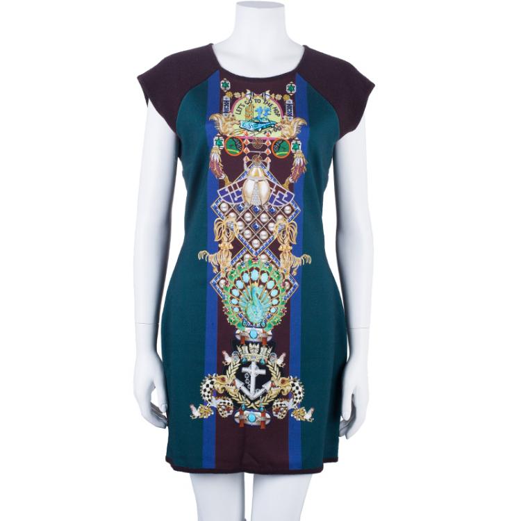 Pre Owned Mary Katrantzou Knipi Printed Jersey Paneled Ribbed Knit Dress L
