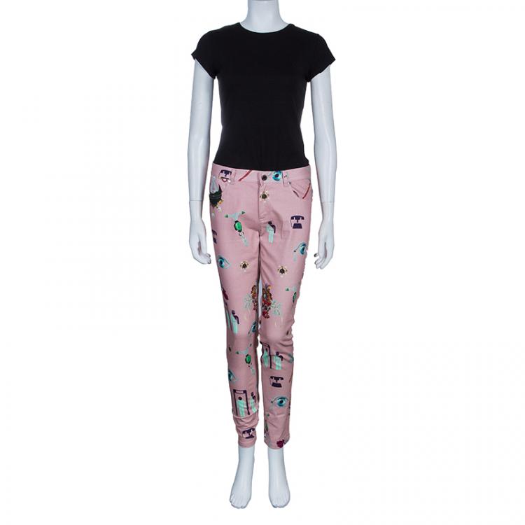 Pre Owned Mary Katrantzou Pink Printed Denim Trousers M