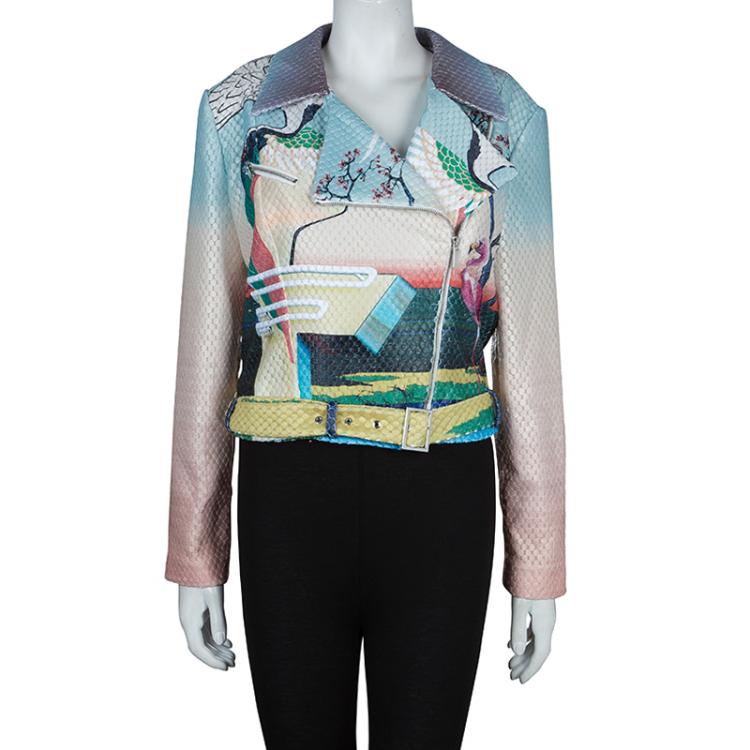 Pre Owned Mary Katrantzou Multicolor Flamingo Print Belted Biker Jacket M