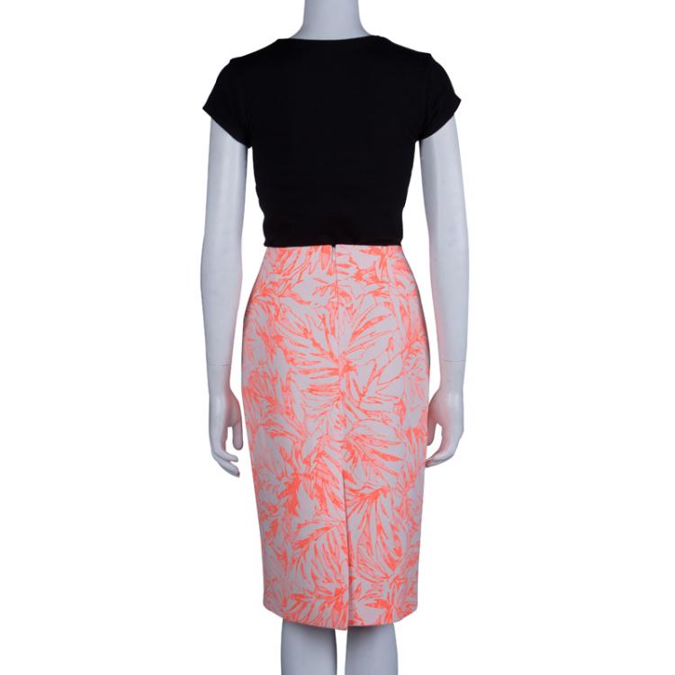 Pre Owned Matthew Williamson Cream and Neon Orange Floral Jacquard Pencil Skirt M