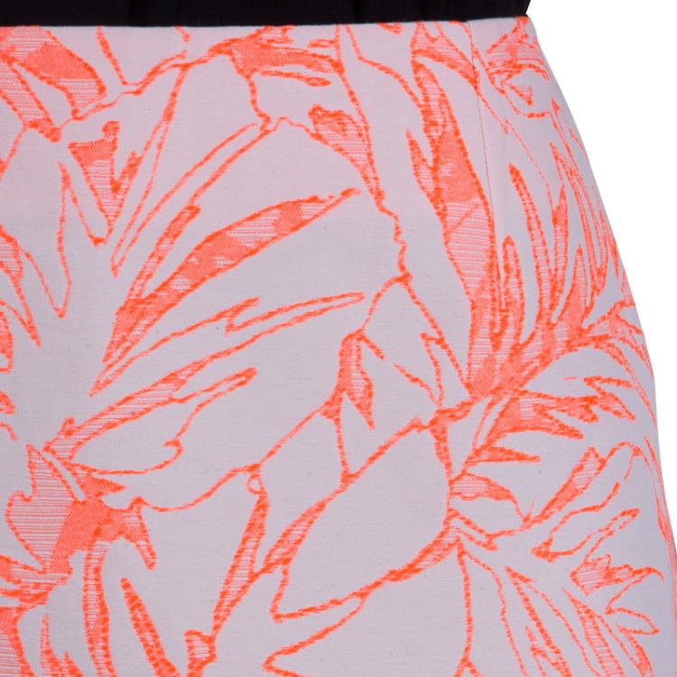 Pre Owned Matthew Williamson Cream and Neon Orange Floral Jacquard Pencil Skirt M