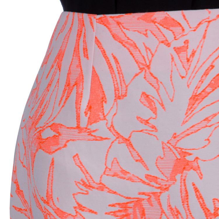 Pre Owned Matthew Williamson Cream and Neon Orange Floral Jacquard Pencil Skirt M