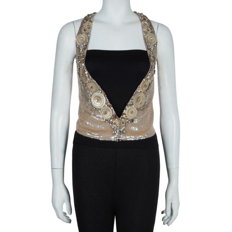 مملوكة مسبقًا Matthew Williamson Gold Sequin and Crystal Embellished Vest S