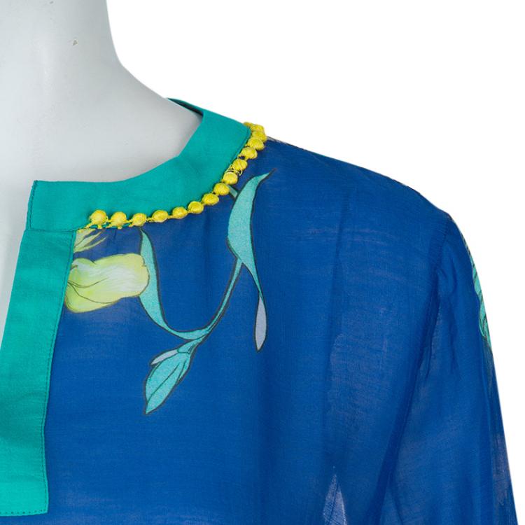 Pre Owned Matthew Williamson Blue Printed Pom-Pom Lace Trim Long Sleeve Sheer Blouse M