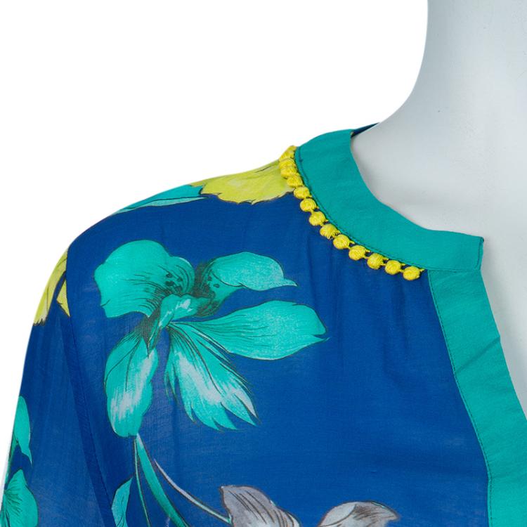 Pre Owned Matthew Williamson Blue Printed Pom-Pom Lace Trim Long Sleeve Sheer Blouse M