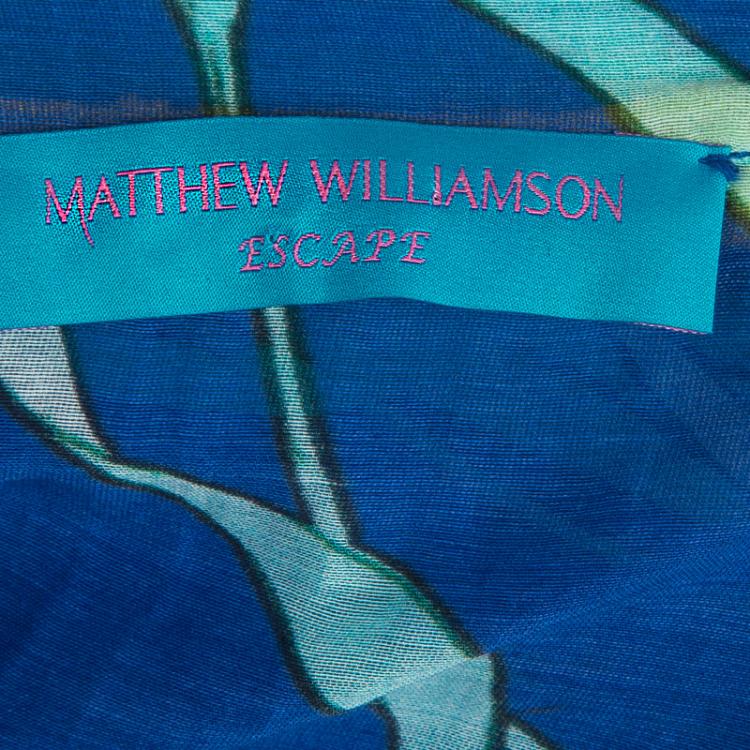 Pre Owned Matthew Williamson Blue Printed Pom-Pom Lace Trim Long Sleeve Sheer Blouse M